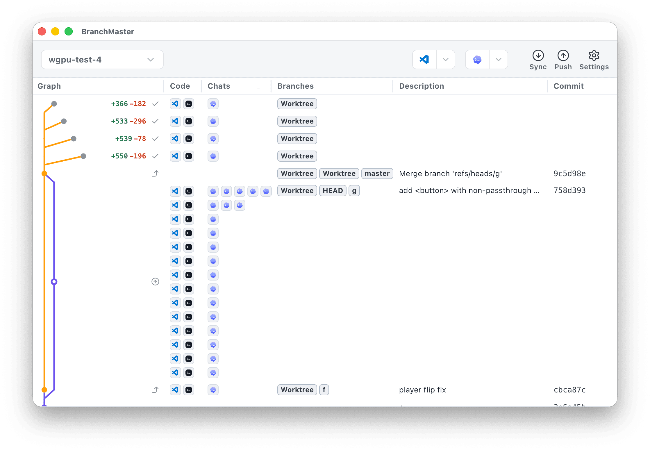 BranchMaster app showing Codex chats, branches, worktrees, changed files, and Git history