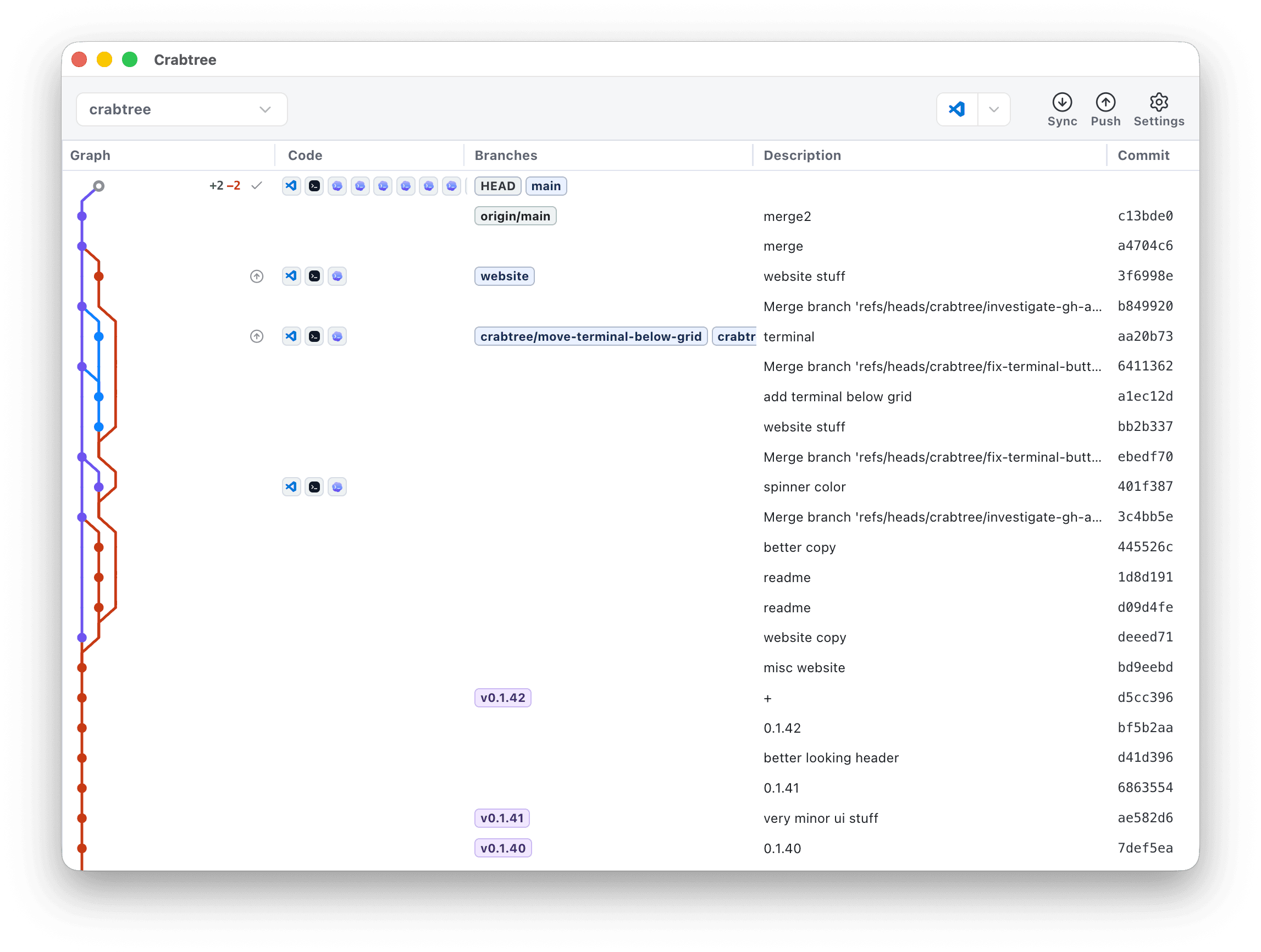 BranchMaster app showing Codex chats, branches, worktrees, changed files, and Git history